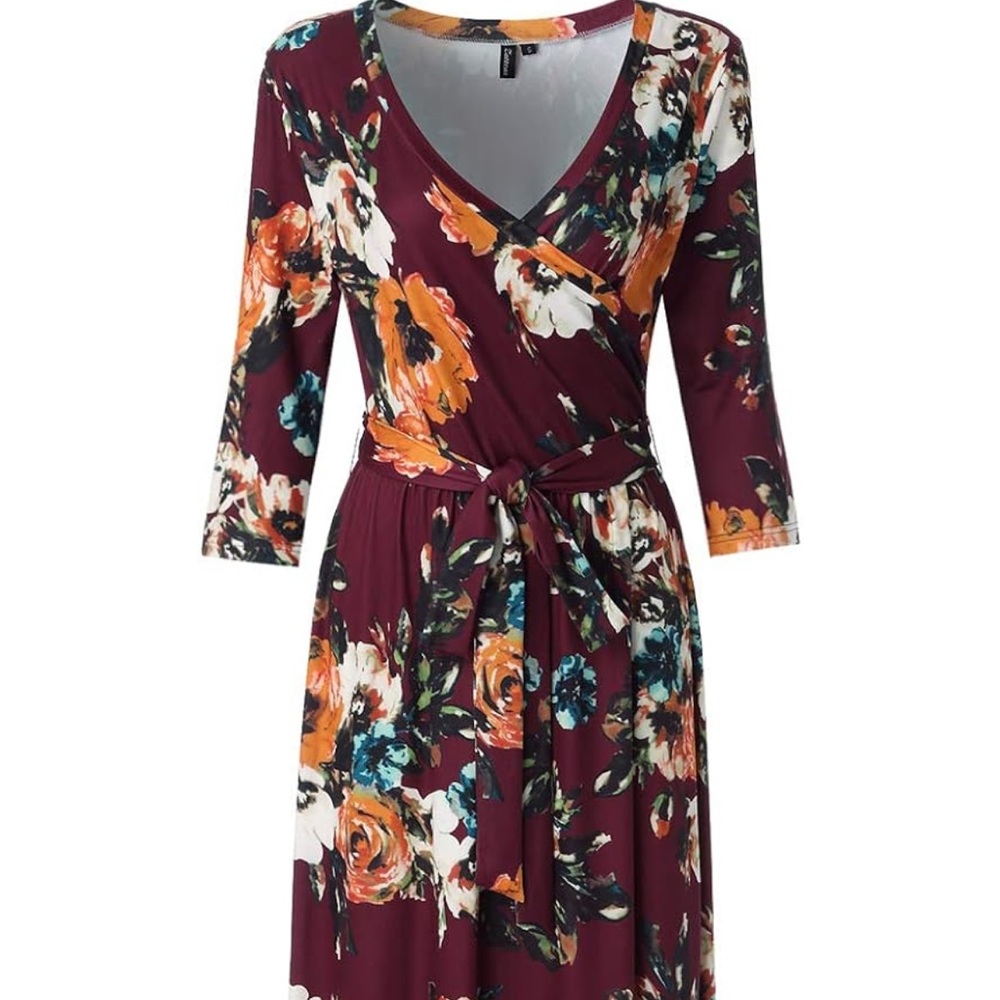 Zattcas Women’s 3/4 sleeve Floral Print Faux Wrap long Maxi Dress with Belt